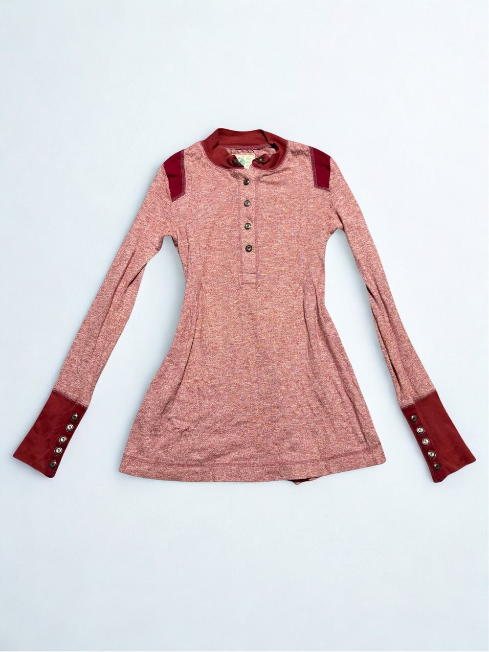 Vtg Y2K Free People Heathered Red Thermal Long Sleeve Henley Top Size S